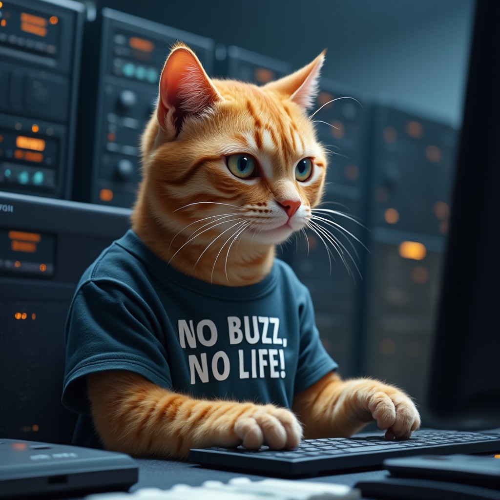 The image shows a ginger cat, wearing a t-shirt, inside a server room, typing keyboard, computer on the desk, text"NO BUZZ, NO LIFE!" on t-shirt, cute vibe, photo realistic, high quality