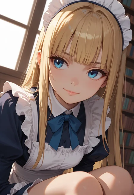 (score_9, score_8_up, score_7_up), 1girl, solo,blonde hair, blue eyes, long hair, hime cut, long bangs, small breasts, maid dress, 
(face focus, close-up, dutch angle:1.3),library, private study, sunset,, thighs, wide hips, sitting, window, (from side:0.7),looking away,
(relaxed smile, smug:0.9),