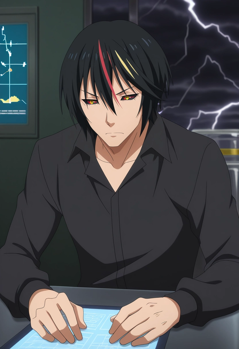 masterpiece, best quality, , anime screencap, anime coloring, official style,, 1boy, solo, male focus, <lora:diablo_tensura_ilxl:0.96>, diablo_tensura, black hair, yellow eyes, multicolored hair, streaked hair, red hair, hair between eyes, colored sclera, black sclera, , storm observatory, lightning telescopes, weather maps, research chambers, studying pose, focused expression, stormy,