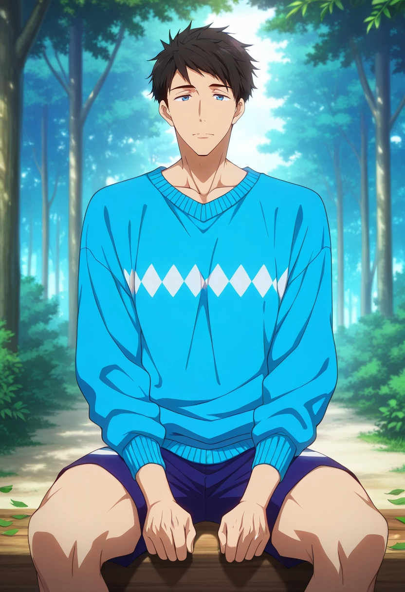 masterpiece, best quality, , anime screencap, anime coloring, official style, , 1boy, solo, male focus, <lora:sousuke_yamazaki_ilxl:1>, sousuke_yamazaki, black hair, blue eyes, short hair, forest sanctuary, tree temples, leaf paths, wooden shrines, peaceful pose, serene expression, filtered light, BlushPink Chevron Piqué Shorts, Tie-dye PowderBlue Half-zip sweater, , ,