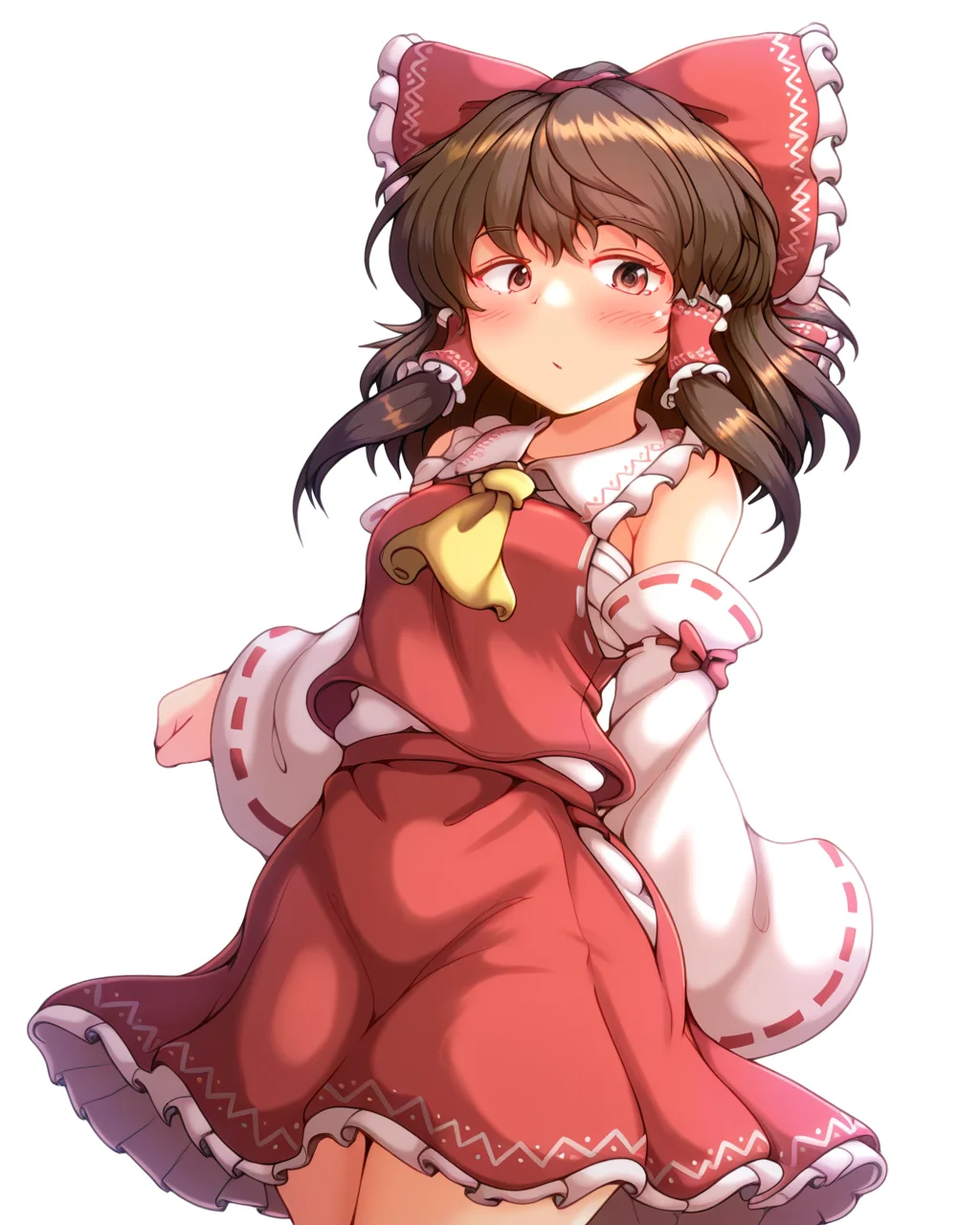1girl, solo, hakurei reimu,brown hair,red bow,frilled hair tubes,red vest,yellow ascot,detached white sleeves,red skirt, yoriyuki chiyo, looking at viewer, cowboy shot, simple background, white background, masterpiece, best quality, very aesthetic, absurdres