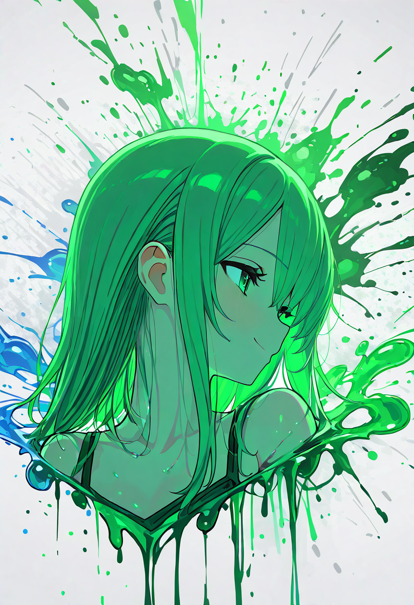 (masterpiece, best quality, good quality, very aesthetic, absurdres, newest:1.2),    1girl, solo,   1girl, solo, long hair, smile, bangs, white background, bare shoulders, closed mouth, green eyes, collarbone, green hair, profile, looking away, portrait, green theme, paint splatter ,  <lora:ClrSplsh_NAI:1.0>,