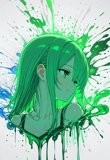 (masterpiece, best quality, good quality, very aesthetic, absurdres, newest:1.2), 1girl, solo, 1girl, solo, long hair, smile, bangs, white background, bare shoulders, closed mouth, green eyes, collarbone, green hair, profile, looking away, portrait, green theme, paint splatter , <lora:ClrSplsh_NAI:1.0>,