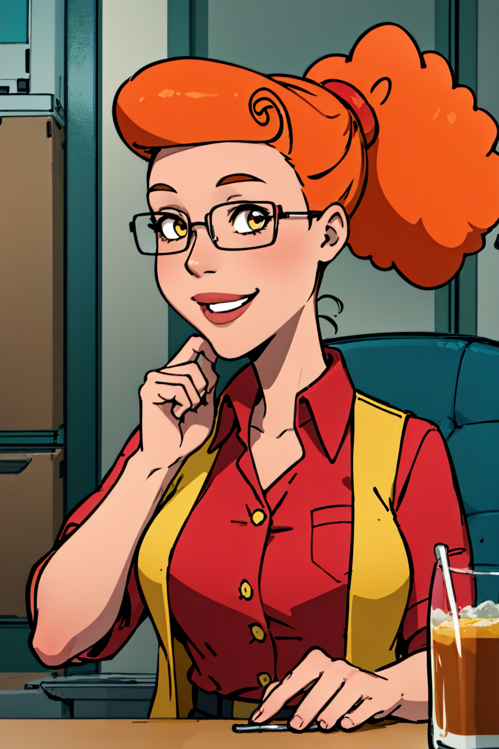 patty, solo, 1girl, glasses, orange hair, ponytail, red shirt,yellow vest, breasts, smile,looking at viewer, smile,  <lora:pattyp2-000008:0.6>
