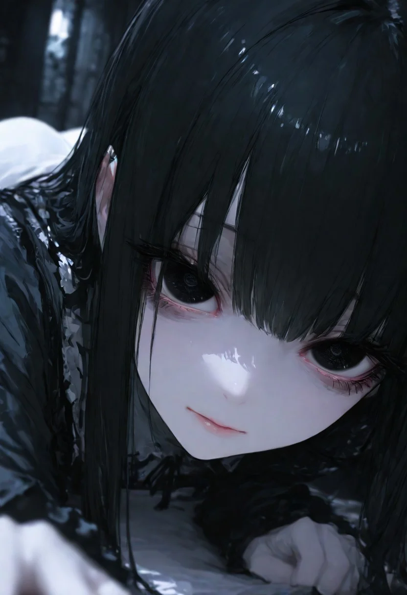 (EyesHD:1.2), (4k,8k,Ultra HD), masterpiece, best quality, ultra-detailed, very aesthetic, sharp focus, depth of field, ray tracing, best lighting, detailed illustration, detailed background, cinematic, beautiful face, beautiful eyes,
BREAK
ambient occlusion, raytracing, soft lighting, blum effect, masterpiece, absolutely eye-catching
BREAK
masterpiece, amazing quality, best quality, ultra-detailed, 8K, illustrating, CG, bioluminescent skin, ultra-detailed-eyes, detailed background, cute girl, eyelashes, lowlight
BREAK
Female, close up, creepy, on all fours, head twisted, black eyes, soft eyes, long black hair, dark mansion, reaching towards viewer