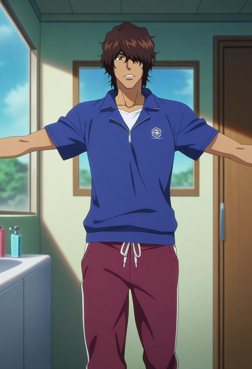 masterpiece, best quality, , anime screencap, anime coloring, official style, , depth of field, 1boy, solo, male focus, <lora:yasutora_sado_ilxl:1>, yasutora_sado, brown hair, brown eyes, short hair, , , hair over one eye, rule of thirds, bathroom, day, spread arms, relaxed, sweatpant,