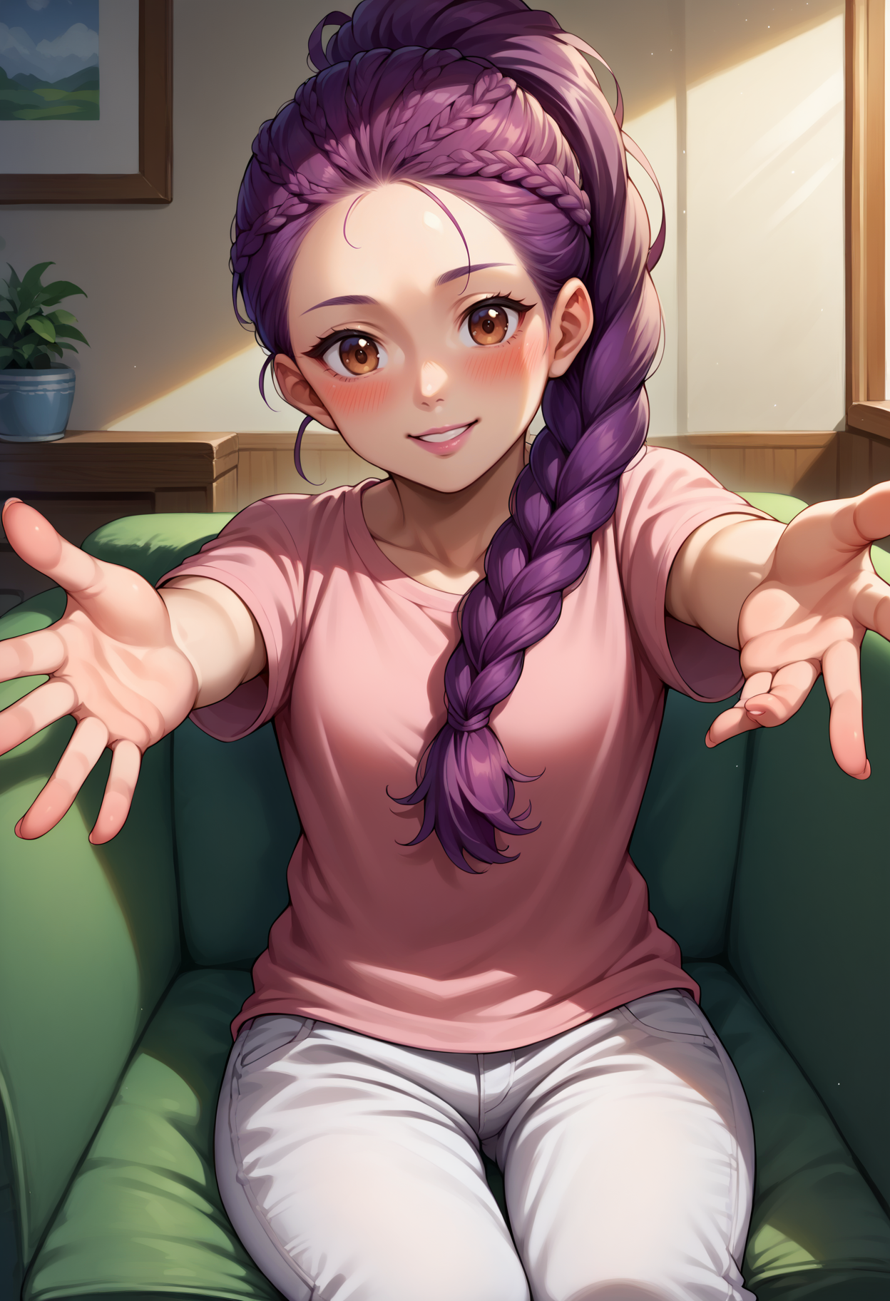 score_9, score_8_up,score_7_up, source_anime, 1girl, solo, <lora:EPfePetra:1>, 
EPfePtr, brown eyes, long hair, purple hair, single braid, braided ponytail,
pink lips, pink t-shirt, baggy pants, outstretched arms, blush smiling, sitting on couch, in living room, looking at viewer, pov, incoming hug,