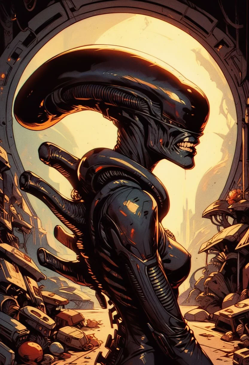 score_9, score_8_up, score_7_up, retro futurism, xenomorph, seductive, pin-up, pin-up pose,