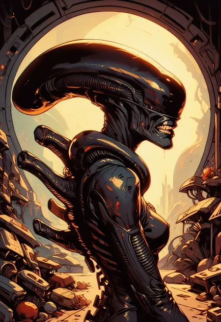 score_9, score_8_up, score_7_up, retro futurism, xenomorph, seductive, pin-up, pin-up pose,