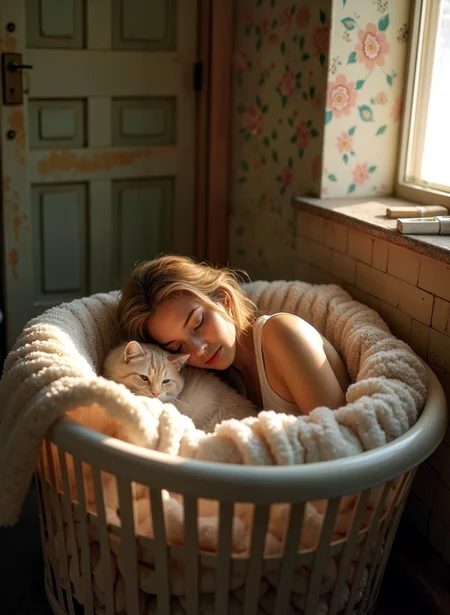 This photograph captures a young woman lying in a white laundry basket with a fluffy white blanket. She is wearing a white tank top and has blonde hair. The woman is resting her head on the basket and is looking down at a white cat that is lying next to her. The cat is orange and white and is snuggled up against the woman's chest. The background shows a window with pink and green floral wallpaper and a door. The overall mood of the image is peaceful and serene. The overall mood of the image is peaceful and serene. <lora:add-detail-xl:.5> <lora:Flux-style-xl-lora:.5>