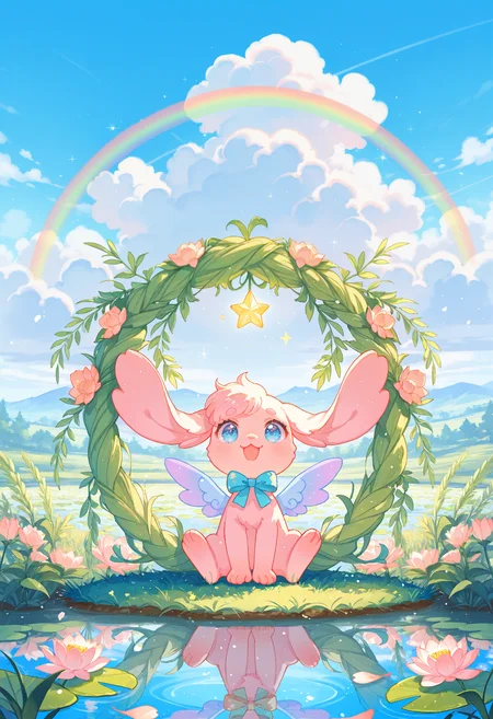 (incredibly_absurdres, amazing_background, best quality, pastel_colors, bright_colors, colorful, soft_colors, sparkle, shiny, glowing, fantasy, star_(symbol), detailed_background, detailed_eyes, stylized, watercolor_(medium))
(SNRA-Illu, willow_tree, pond, lily_pad, frog, flower, cloud, no humans, blue eyes, rainbow, outdoors, sky, open mouth, petals, :3, sitting, field, flower field, lop_ears, day, bow, cloudy sky, blue sky, wings, rabbits)