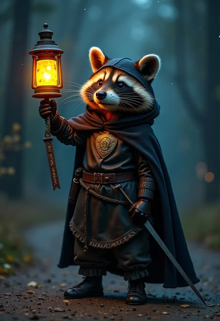 A photograph shot on an f1.4 35mm lens, cowboy shot, of a little racoon man wearing a hooded cloak and black leather armor. He stands on a dark crossroads under a starry sky lit only by the small lantern he holds up, the bulb of the lantern is a magical piece of yellow cheese with holes in it. In his other hand he is holding up a folding badge holder, which displays his badge and then his title, which says "cheese inspector" on a ribbon hanging down from it. At his hip is a magic shortsword in a sheath