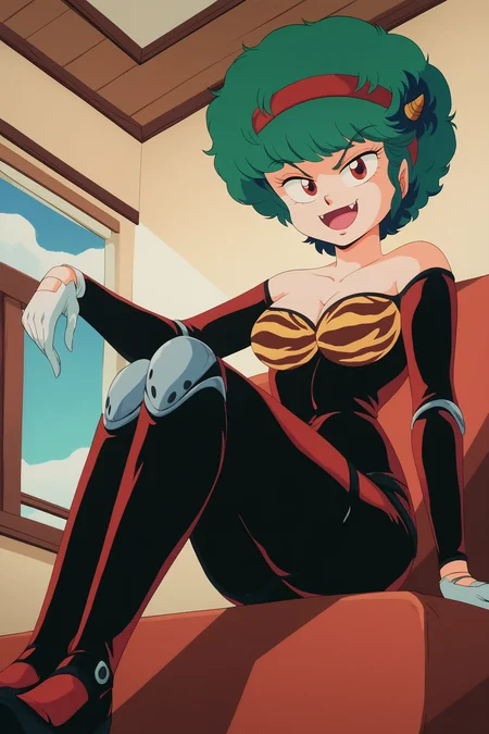 score_9, score_8_up, score_7_up, score_6_up, BREAK, TenMotherUYXL, retro artstyle, red eyes, green hair, short hair, afro, bangs, fang, red headband, yellow horns, medium breasts, bare shoulders, tiger print, black bodysuit, long slevees, white gloves, grey knee brace, black footwear, solo, full body, sitting, bellow view, seductive smile, looking at viewer, indoors <lora:TenMotherUYXL:1>