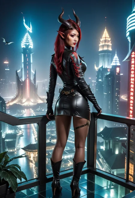 , Lupka, Petite, asian, red skin, dragon winged succubus, ,<lora:MS_Lukpa_V1_SDXL:0.8>, 18 year old Chinese woman, ((demon female)), small horns on head, medium sized perky breast, eye liner, long hair, 4k, very detailed, eyeliner, perky breast, BREAK, 1girl, standing on a balcony facing the viewer, behind them a cyberpunk Atlantis at night, BREAK, she is wearing a detail military jacket showing cleavage and a tight leather mini skirt,Indian Model, Instagram Model, long eyelashes, false eyelashes, eyeliner, atlantis, otherworldly metropolis, advanced civilization, building, buildings, center city tower, Atlantean architecture, geometric patterns, utopian society, devil_girl_XL, red skin, tail, black horns, , AtlantisWorld,winged succubus
