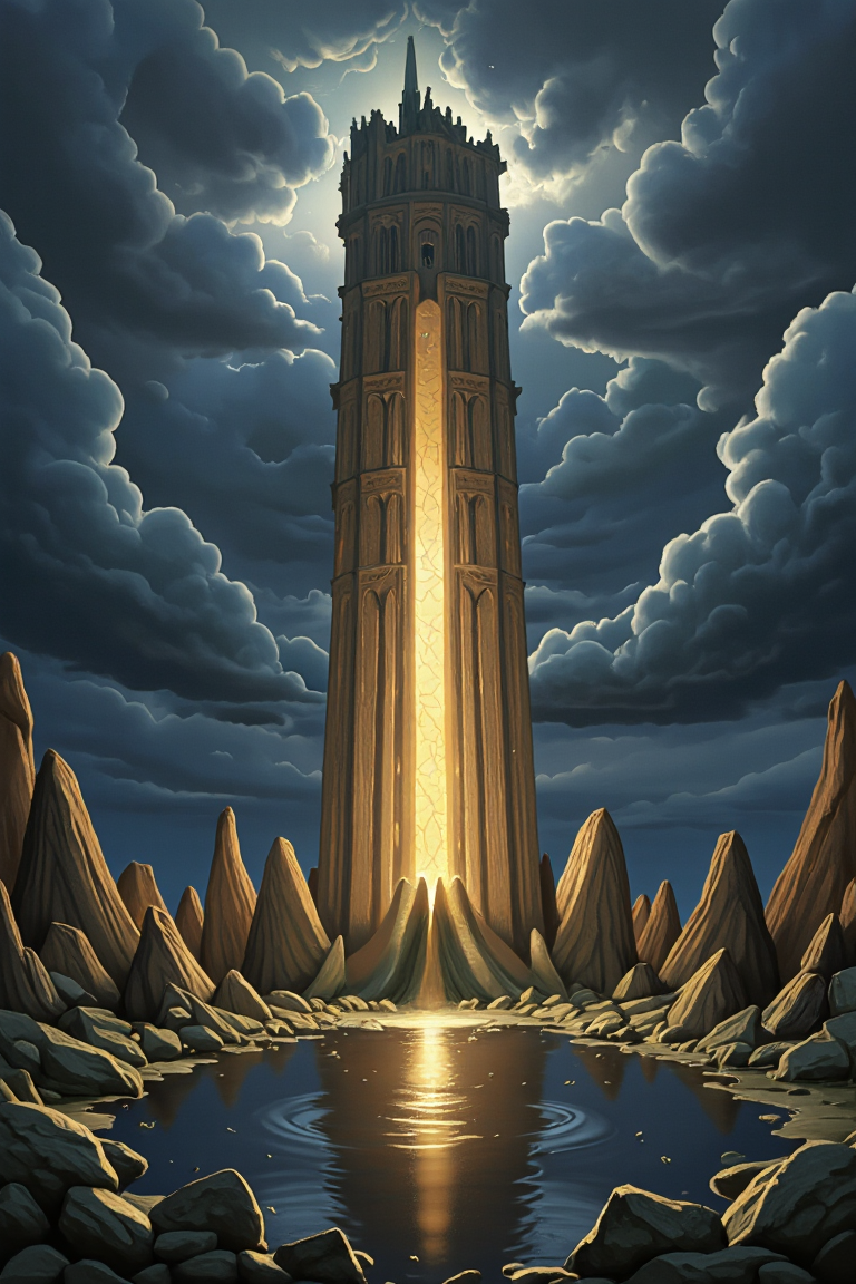 <lora:tower-of-babel-flux-d:1.6>
Fantasy painting of a narrow Tower of Babel surrounded by broken spires. Tower glows warmly under a stormy sky, its shadow reflected in a dark pool below. Vertical composition, rich with atmosphere. Painterly digital technique used to convey mythic grandeur and mystery. No watermarks or text.