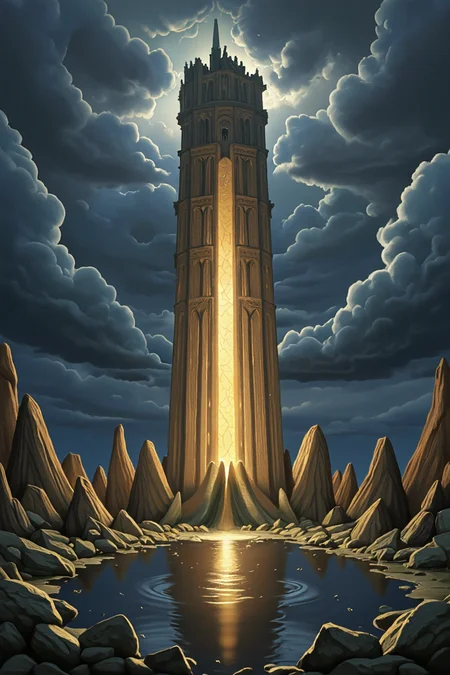 <lora:tower-of-babel-flux-d:1.6>
Fantasy painting of a narrow Tower of Babel surrounded by broken spires. Tower glows warmly under a stormy sky, its shadow reflected in a dark pool below. Vertical composition, rich with atmosphere. Painterly digital technique used to convey mythic grandeur and mystery. No watermarks or text.