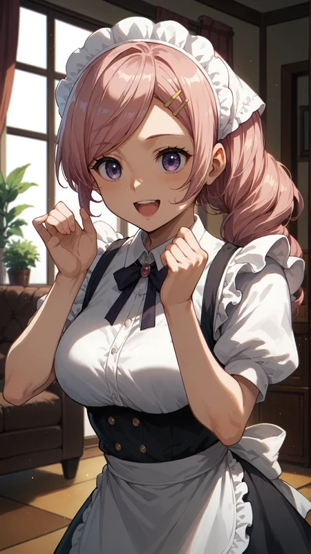 score_9,score_8_up,score_7_up,score_6_up, <lora:xl_more_art-full_v1:0.5>, source_anime, woman, dynamic pose, crawling <lora:Isabelle - Pony:0.8>, pink hair, curly ponytail, low ponytail, long hair, purple eyes, hairclip, white headdress, maid outfit, living room, happy,