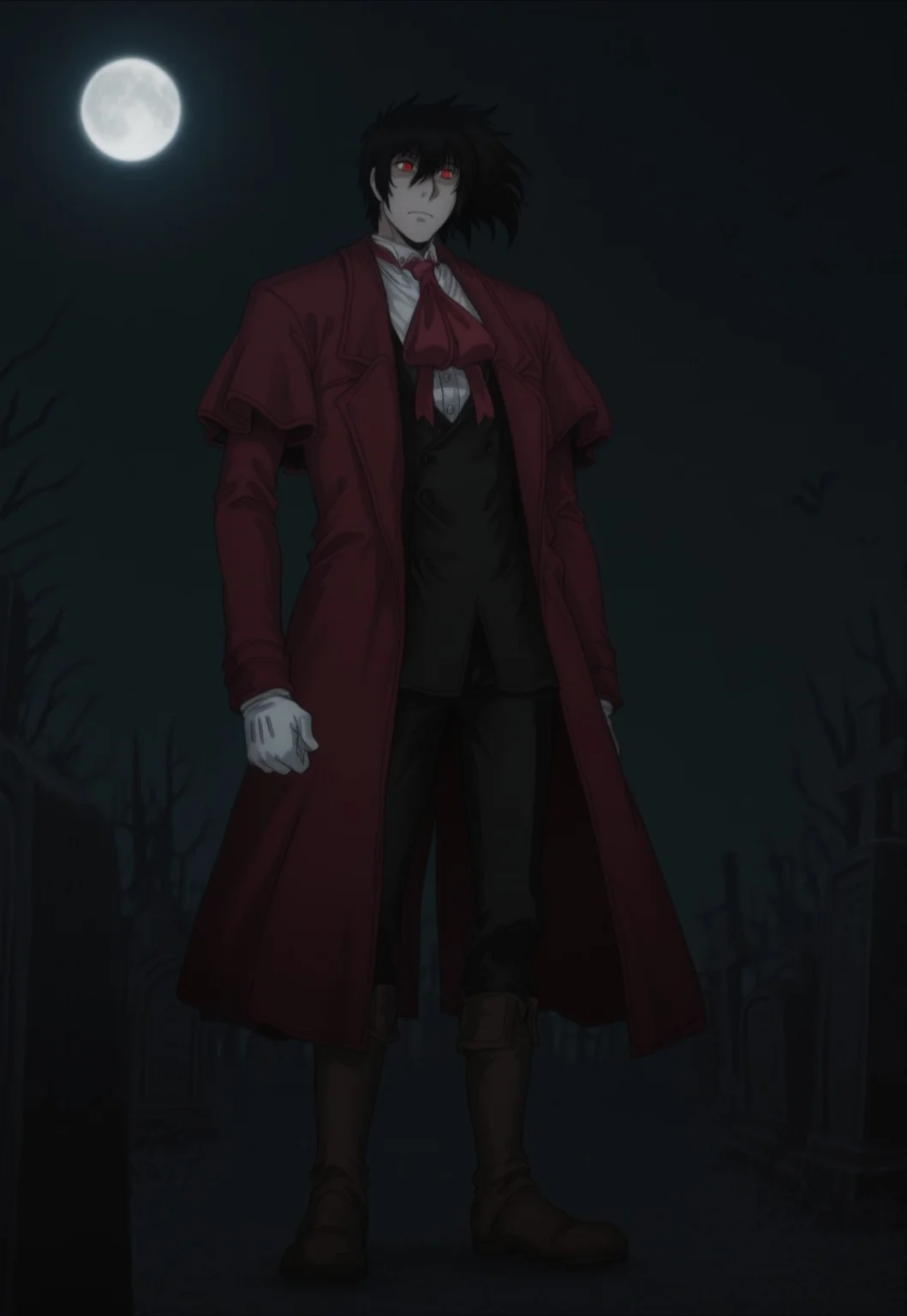 AnYnMovieStyle, Normalucard, solo, 1boy, male focus, black hair, red eyes, red coat, red ascot, white shirt, black jacket, white gloves, black pants, brown boots, dark, night, bats, full moon, graveyard