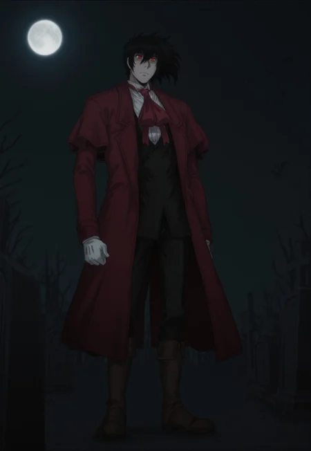 AnYnMovieStyle, Normalucard, solo, 1boy, male focus, black hair, red eyes, red coat, red ascot, white shirt, black jacket, white gloves, black pants, brown boots, dark, night, bats, full moon, graveyard