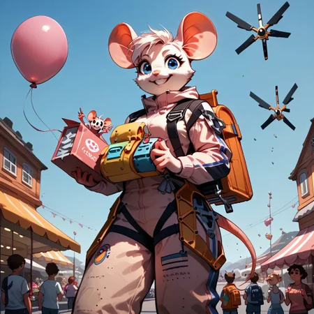 score_9, score_8_up, score_7_up, source_anime, Anthro mouse, B3ck13M0us3, standing, smiling, wearing bridgesuit, holding pink balloon, super market, looking at viewer, backpack, produce, from below,
