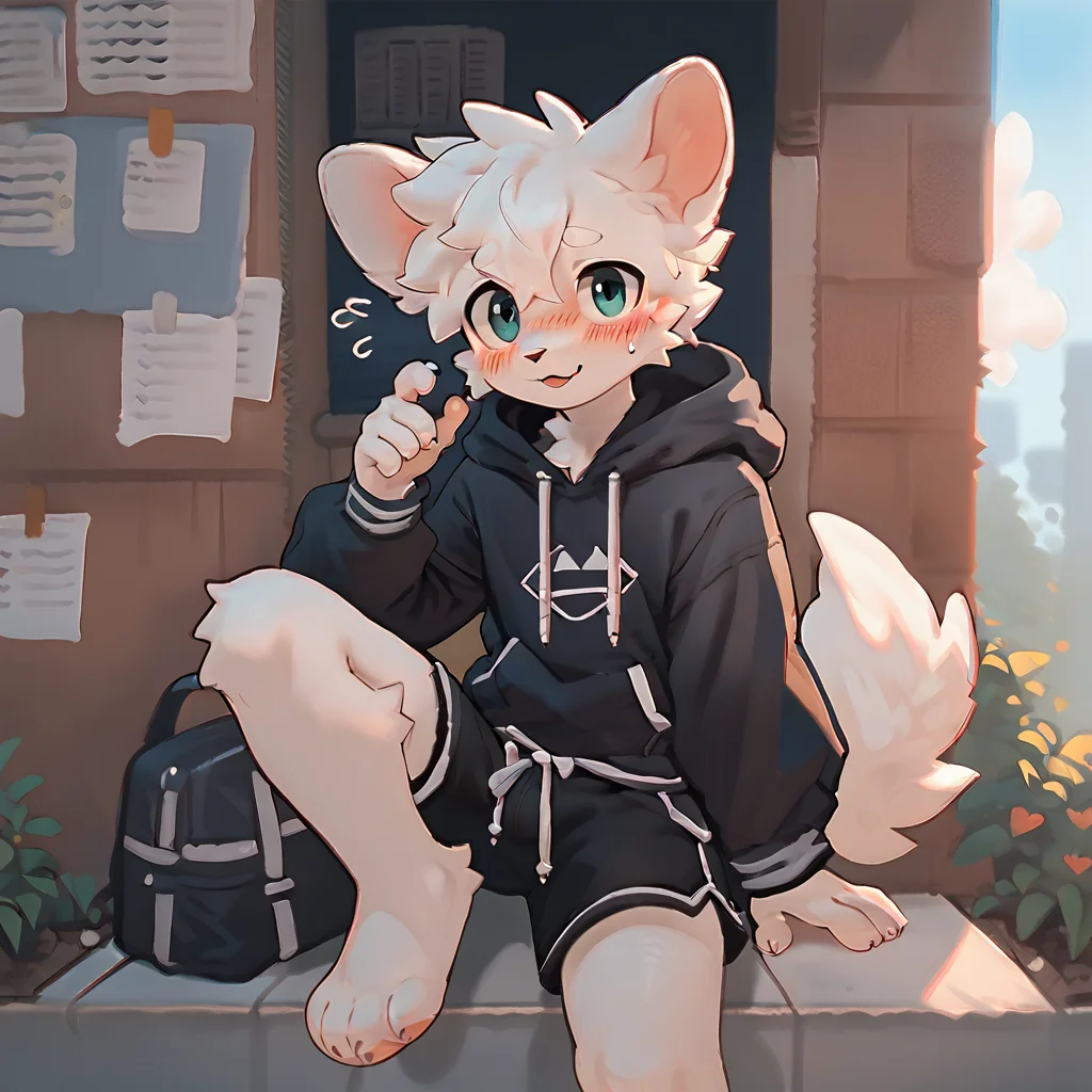 <lora:Boykisser SDXL:0.9>, score_9,score_8_up,score_7_up,score_6_up,score_5_up,score_4_up, solo anthro furry, boykisserfur, male, white fur, white ears, blush, hoodie, shorts, full body, flushed
break
 <lora:NAI Smooth Boys Style SDXL_LoRA_20r_20e_8i_nr32_a16_Pony Diffusion V6 XL:1>