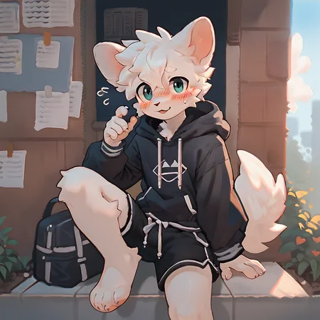 <lora:Boykisser SDXL:0.9>, score_9,score_8_up,score_7_up,score_6_up,score_5_up,score_4_up, solo anthro furry, boykisserfur, male, white fur, white ears, blush, hoodie, shorts, full body, flushed
break
 <lora:NAI Smooth Boys Style SDXL_LoRA_20r_20e_8i_nr32_a16_Pony Diffusion V6 XL:1>