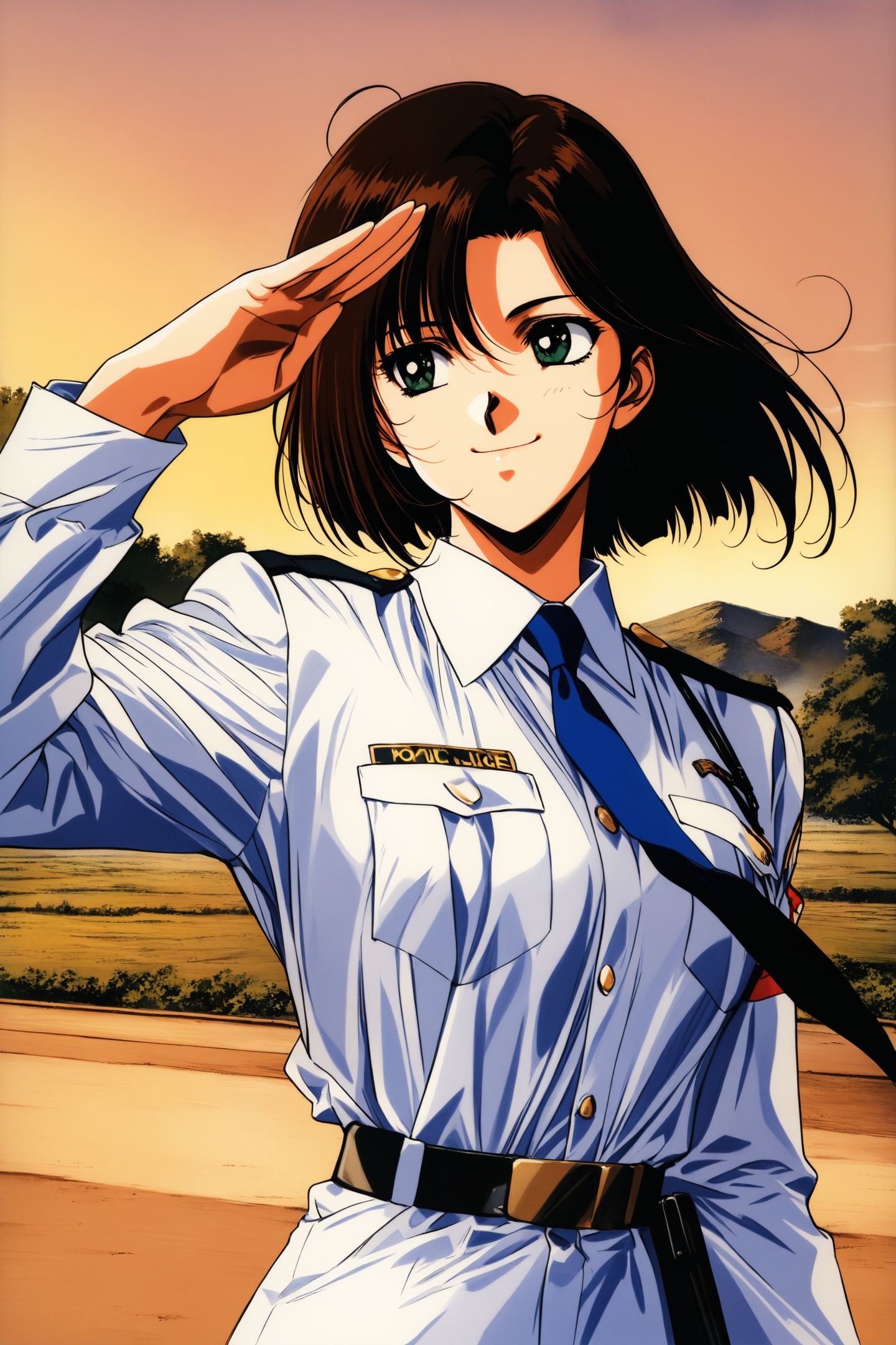 masterpiece,best quality,high quality,high score,great score,absurdres,
Tsujimoto Natsumi,1girl,solo,short hair,outdoors,upper body,smile,closed mouth,police uniform,blue necktie,white shirt,smile,open mouth,long sleeves,retro artstyle,salute,1990s \(style\),
<lora:You Are Under Arrest_illustriousXL:0.4>,
<lora:yuuki nobuteru_XL_v2:0.8>,