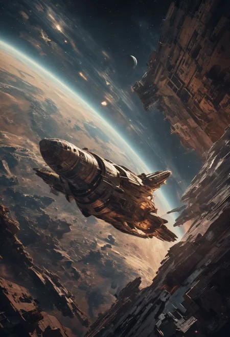 (Exterior shot of Spaceship in a galaxy:1.4) , by Ed Mell and Russ Mills, (luminar , vivacious , masterful:1.4), poster art, bold lines, hyper detailed, expressive, award winning, (scenery:1.4), (intricate details, masterpiece, best quality:1.4),
ring light , looking at viewer, dynamic pose, wide angle view,
atmospheric haze, Film grain, cinematic film still, highly detailed, high budget, cinemascope, moody, epic, OverallDetail, gorgeous, 2000s vintage RAW photo, photorealistic, color graded cinematic, eye catchlights, atmospheric lighting, skin pores, imperfections, natural, shallow dof,