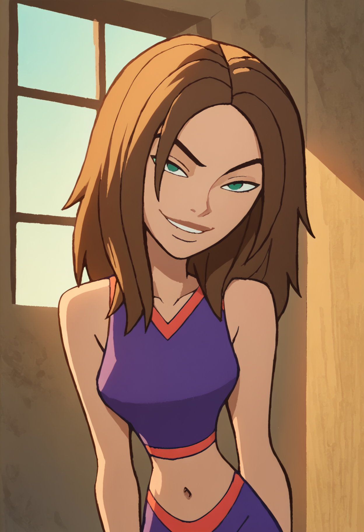 bonnie, 1girl, brown hair, solo, cheerleader, long hair, green eyes, midriff, smile, navel, bare shoulders, sleeveless, light smile,indoors, looking at viewer, <lora:BonniePony1.0:1.0>, score_9, score_8_up, score_7_up, score_6_up, score_5_up, score_4_up