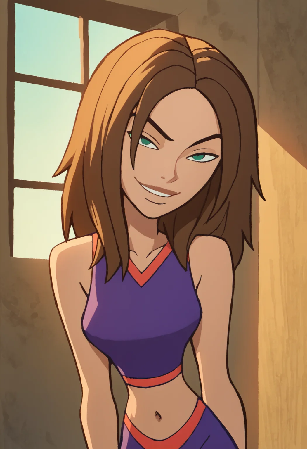 bonnie, 1girl, brown hair, solo, cheerleader, long hair, green eyes, midriff, smile, navel, bare shoulders, sleeveless, light smile,indoors, looking at viewer, <lora:BonniePony1.0:1.0>, score_9, score_8_up, score_7_up, score_6_up, score_5_up, score_4_up