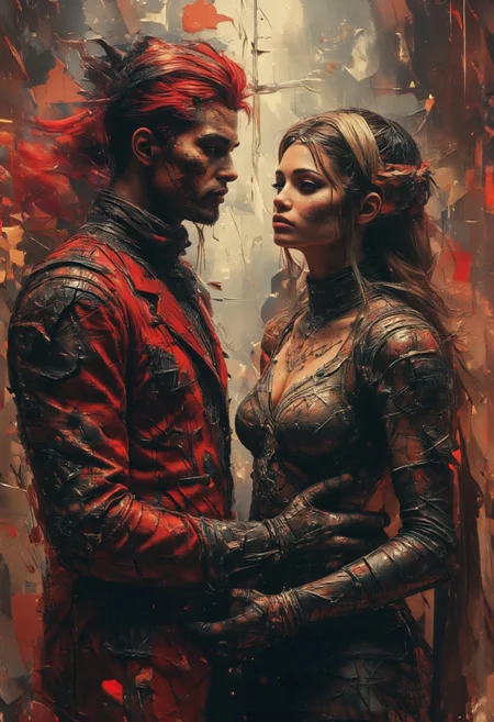 Armoured knights, anachronistic, power armour, novuschroma style, two Lovers, curly red hair, long wavy brown hair, wide hips, thick thighs, a man and woman gaxing in to each others eyes. passionate looks, in a in a dystopic cyberpunk city, profile, close up, face focus, man with (flamboyant suit, sharp cheekbones, tall, dashing), woman with (hair band, long dress, corseted dress, wide hips, blushing, detailed eyes,), (((warm colors))),