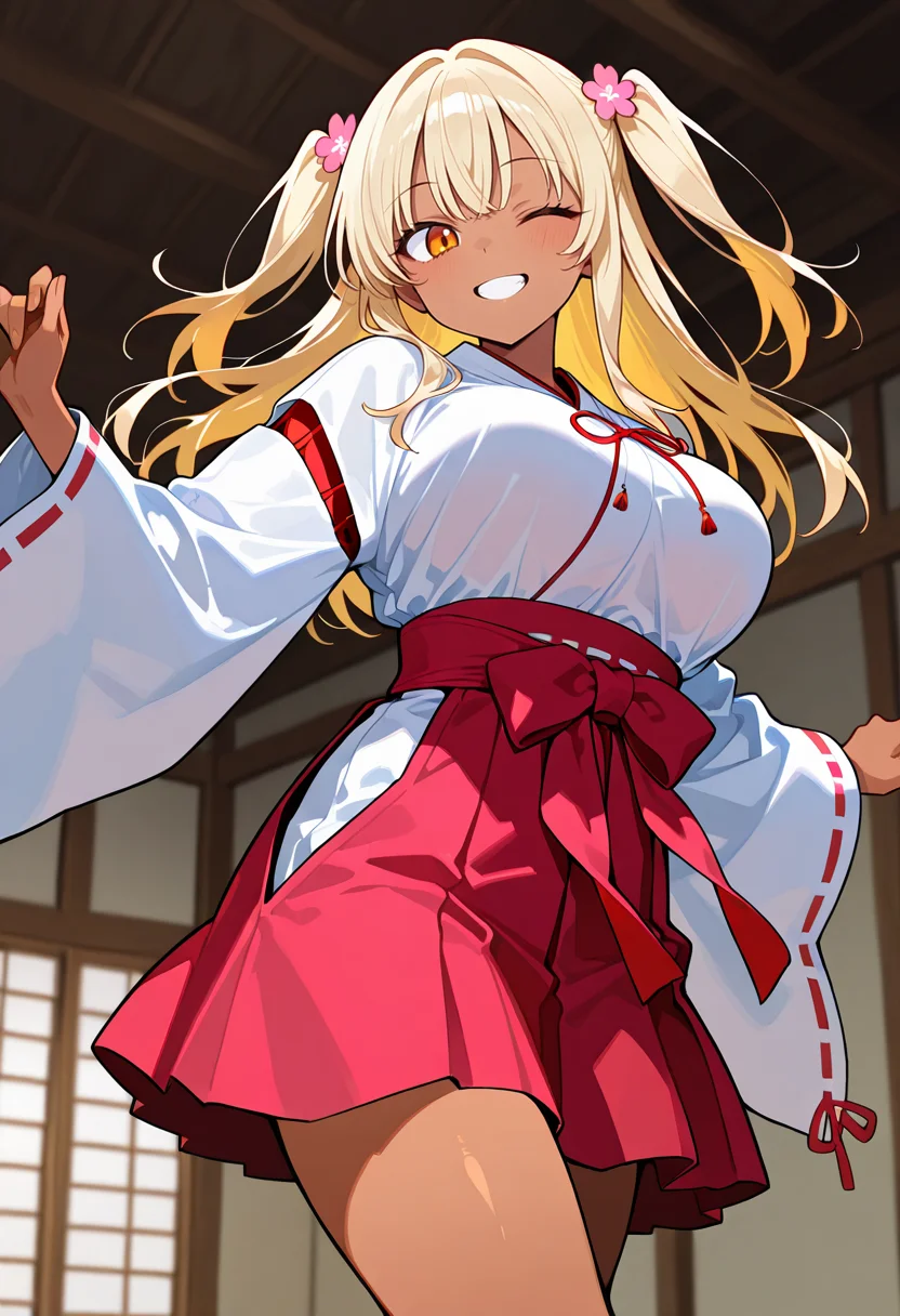 best quality, amazing quality cowboy shot, simple background,((outlined outlined vector graphics)), beautiful scenery, from below , looking at viewer ,
1girl, 20yo, (large breast:1.2), orange eyes, (blonde hair:1.3),long hair, (two side up:1.1), (dark skin:1.6), dark skin girl, (tall:1.2), (abs:0.7),bangs, cute face,
pink clothes, pink skirt, smile, grin , wink, miko , miko-cosplay , , running , , , , kawaii, flowers, <lora:miko-cosplay-il-01:0.8>