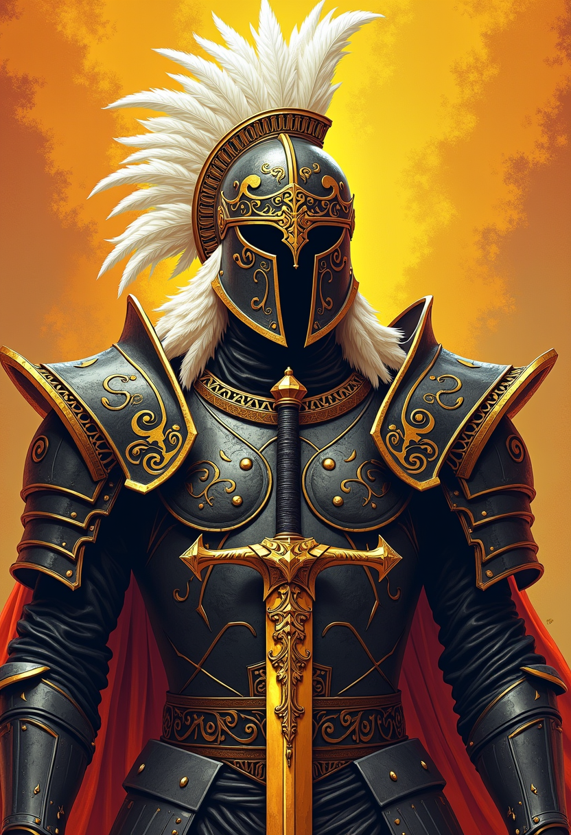high quality, highly detailed, colorful, abstract, fantasy, fantasy background, The image is a realistic photo of a warrior's armor. The armor is black and gold in color, with intricate patterns and designs. The background is a gradient of orange and yellow, creating a striking contrast with the dark armor.  In the center of the image, there is a large helmet with a pointed nose and a visor. The helmet is covered in white feathers, giving it a regal and majestic appearance. The feathers are arranged in a way that creates a sense of power and strength. The sword in the foreground is also covered in gold, adding a touch of elegance to the image. The overall mood of the illustration is intense and powerful., bailing_lightning<lora:FLUX\Enhancer\flux_vividizer.safetensors:0.8:0.8> <lora:FLUX\Style\FL-bailing-24-0824lightning-000003.safetensors:0.6:0.6>