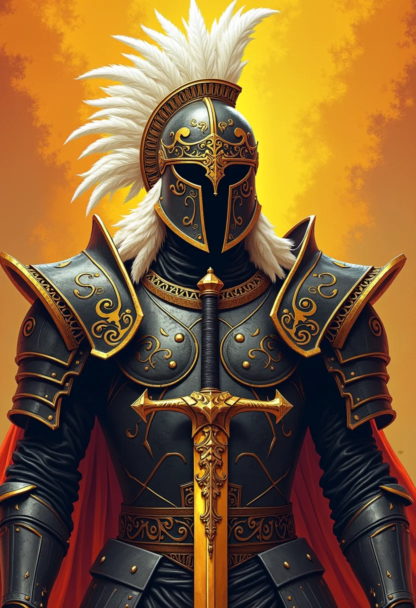 high quality, highly detailed, colorful, abstract, fantasy, fantasy background, The image is a realistic photo of a warrior's armor. The armor is black and gold in color, with intricate patterns and designs. The background is a gradient of orange and yellow, creating a striking contrast with the dark armor. In the center of the image, there is a large helmet with a pointed nose and a visor. The helmet is covered in white feathers, giving it a regal and majestic appearance. The feathers are arranged in a way that creates a sense of power and strength. The sword in the foreground is also covered in gold, adding a touch of elegance to the image. The overall mood of the illustration is intense and powerful., bailing_lightning<lora:FLUX\Enhancer\flux_vividizer.safetensors:0.8:0.8> <lora:FLUX\Style\FL-bailing-24-0824lightning-000003.safetensors:0.6:0.6>