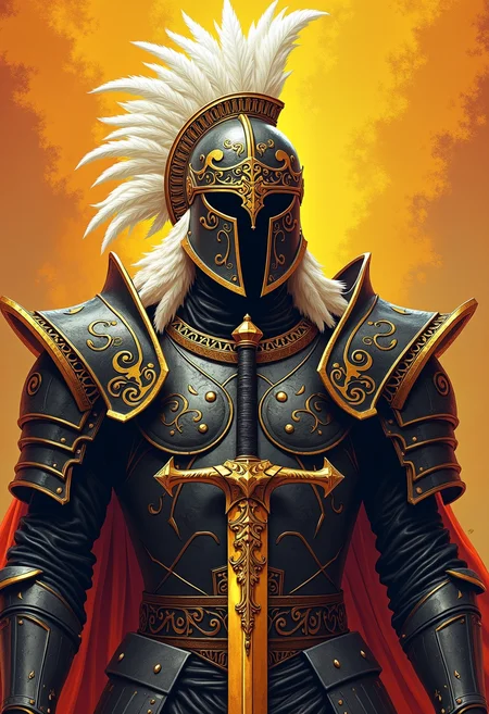 high quality, highly detailed, colorful, abstract, fantasy, fantasy background, The image is a realistic photo of a warrior's armor. The armor is black and gold in color, with intricate patterns and designs. The background is a gradient of orange and yellow, creating a striking contrast with the dark armor. In the center of the image, there is a large helmet with a pointed nose and a visor. The helmet is covered in white feathers, giving it a regal and majestic appearance. The feathers are arranged in a way that creates a sense of power and strength. The sword in the foreground is also covered in gold, adding a touch of elegance to the image. The overall mood of the illustration is intense and powerful., bailing_lightning<lora:FLUX\Enhancer\flux_vividizer.safetensors:0.8:0.8> <lora:FLUX\Style\FL-bailing-24-0824lightning-000003.safetensors:0.6:0.6>