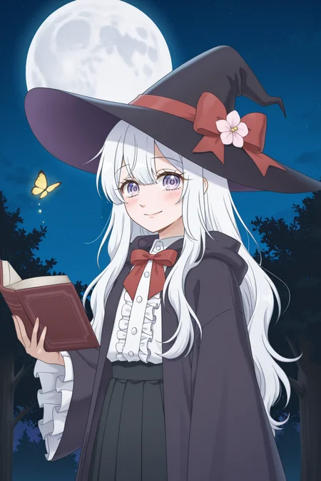 <lora:HoneyLemonSoda:1>, HoneyLemonSoda, 1girl, hat, witch hat, solo, long hair, holding, moon, book, white hair, blush, full moon, night, closed mouth, long sleeves, blue eyes, looking at viewer, black headwear, outdoors, skirt, smile, shirt, bow, white shirt, bug, holding book, black skirt, wide sleeves, tree, butterfly, purple eyes, hair between eyes, witch, red bow, open clothes, open book, pleated skirt, night sky, cowboy shot, sky, frills, hat flower, robe, hat bow