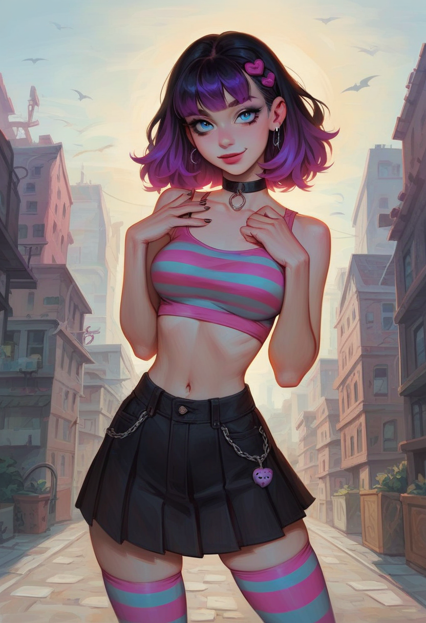 score_9, score_8_up, score_7_up, 1girl, 18yo, girl, emo, dynamic pose, pleated mid-thigh skirt, choker ribbon, striped tank-top, waist silver chain, striped pink and lilac stockings, black and (lilac:0.75) makeup, eyeliner, two color lilac and (pink:0.75) tank-top, knitted zipper sweater, gumshoes, jeans, look at viewer. outdoor, urban background, cowboy shot, sunny day, busy city BREAK
diagonal bangs, pale skin, (blue:0.8) eyes, medium (black:0.8) hair, flipped hairstyle, lilac streaks hair, skinny, thin hands, petite body, upturned nose, sharp nose, shy smile, narrow shoulders, narrow wais, medium breast, round butt, wide hips, pear body shape, stomacht, navel, detailed face, cute face, pretty eyes, perfect eyes, detailed eyes, semi-realistic, semi-realistic eyes