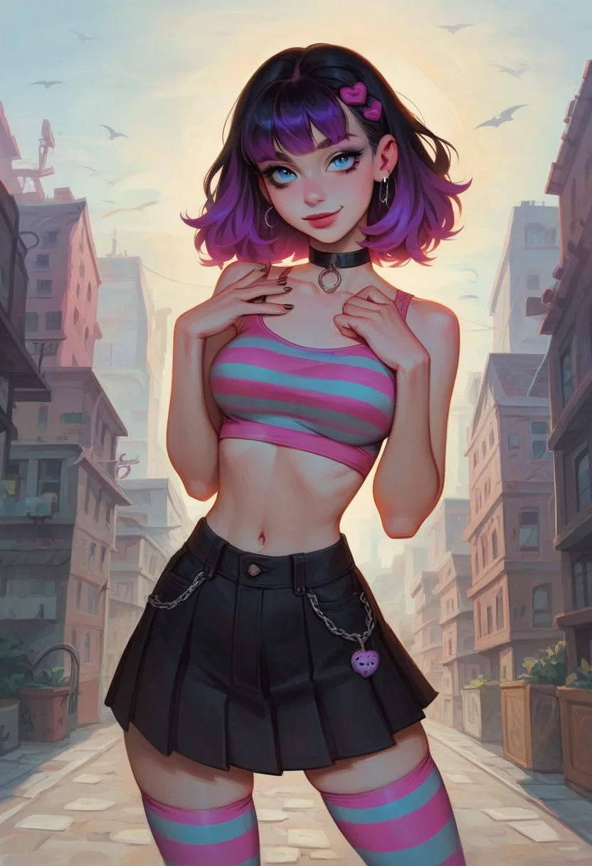 score_9, score_8_up, score_7_up, 1girl, 18yo, girl, emo, dynamic pose, pleated mid-thigh skirt, choker ribbon, striped tank-top, waist silver chain, striped pink and lilac stockings, black and (lilac:0.75) makeup, eyeliner, two color lilac and (pink:0.75) tank-top, knitted zipper sweater, gumshoes, jeans, look at viewer. outdoor, urban background, cowboy shot, sunny day, busy city BREAK
diagonal bangs, pale skin, (blue:0.8) eyes, medium (black:0.8) hair, flipped hairstyle, lilac streaks hair, skinny, thin hands, petite body, upturned nose, sharp nose, shy smile, narrow shoulders, narrow wais, medium breast, round butt, wide hips, pear body shape, stomacht, navel, detailed face, cute face, pretty eyes, perfect eyes, detailed eyes, semi-realistic, semi-realistic eyes