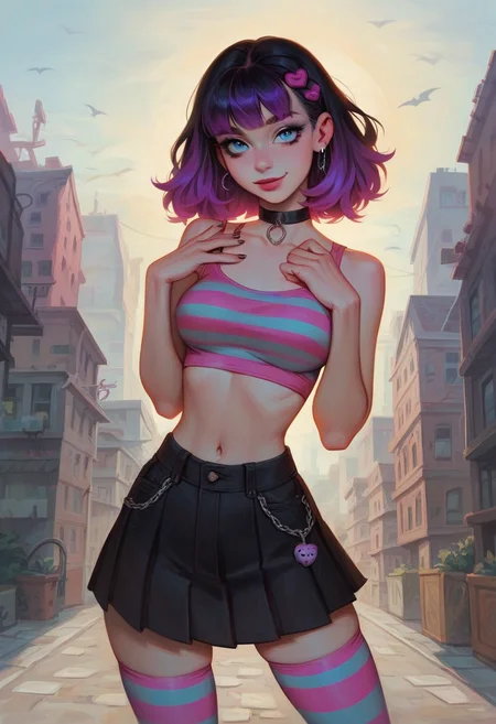 score_9, score_8_up, score_7_up, 1girl, 18yo, girl, emo, dynamic pose, pleated mid-thigh skirt, choker ribbon, striped tank-top, waist silver chain, striped pink and lilac stockings, black and (lilac:0.75) makeup, eyeliner, two color lilac and (pink:0.75) tank-top, knitted zipper sweater, gumshoes, jeans, look at viewer. outdoor, urban background, cowboy shot, sunny day, busy city BREAK
diagonal bangs, pale skin, (blue:0.8) eyes, medium (black:0.8) hair, flipped hairstyle, lilac streaks hair, skinny, thin hands, petite body, upturned nose, sharp nose, shy smile, narrow shoulders, narrow wais, medium breast, round butt, wide hips, pear body shape, stomacht, navel, detailed face, cute face, pretty eyes, perfect eyes, detailed eyes, semi-realistic, semi-realistic eyes