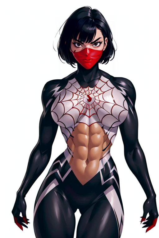 masterpiece,best quality,extreme detail,8k,white background,<lora:silk:0.8>,CindyMoon,1girl,solo,breasts,looking at viewer,short hair,bangs,large breasts,black hair,navel,black eyes,cowboy shot,torn clothes,bodysuit,mask,abs,skin tight,toned,mouth mask,superhero,silk,spider web,