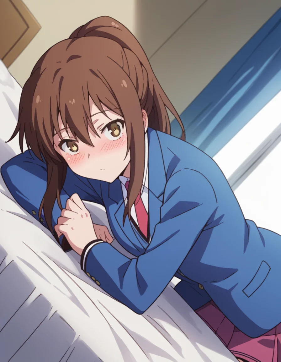 score_9, score_8_up, score_7_up, source_anime,
nanamiaoyama, <lora:nanami-aoyama-s1-ponyxl-lora-nochekaiser:1>,
nanami aoyama, long hair, bangs, brown hair, hair between eyes, brown eyes, ponytail, sidelocks,
skirt, school uniform, jacket, pleated skirt, necktie, blazer,
indoors, bed, bed room, on side, blush, drunk,
looking at viewer, cowboy shot, solo, dutch angle