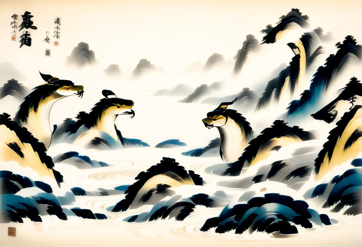 (anime), Sinoink, dueling warriors, iridescent, energy formed in a snake's shape, score_9