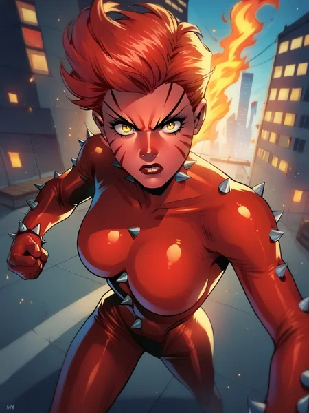 score_9, score_8_up, score_7_up, 1girl, fighting stance, from above, fire around, city, looking at viewer, cowboy shot, (dynamic pose:1.1), dynamic angle,
<lora:RachelSummer_character:1> RachelSummer, very short hair, yellow eyes, red hair, latex bodysuit, spikes, (facial mark:1.4), makeup, colored skin, red skin, angry, glowing, western comics \(style\), retro artstyle,