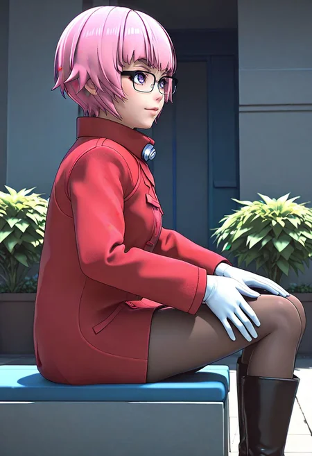<lora:sdxl_lightning_8step_lora:1> <lora:Fixhands_anime_bdsqlsz_V1:1>score_9, score_8_up, score_7_up, source_anime, intricate details, perfect anatomy BREAK
1girl, solo, gis-esakipurin, pink hair, short hair, purple eyes, black-framed eyewear, red coat, white gloves, gis-esakipurin outfit, brown pantyhose, black boots,
from side, sitting, Curious, Chin tilted up slightly, eyes wide open, and a slight smile., outdoors,
<lora:gis-esakipurin_XL(pony)fix:0.9>