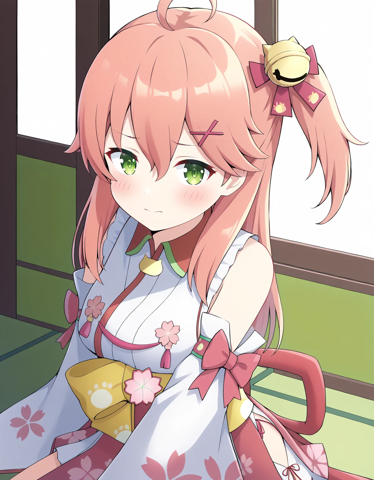 sakura miko,sakura miko \(1st costume\),hololive,1girl ,ahoge ,bare shoulders ,bell ,blush ,bow ,breasts ,cherry blossom print ,closed mouth ,detached sleeves ,floral print ,green eyes ,hair bell ,hair between eyes, indoors,<lora:miko:1>
