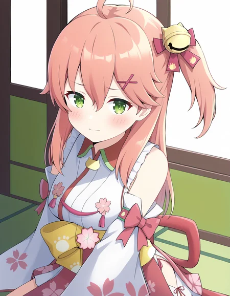 sakura miko,sakura miko \(1st costume\),hololive,1girl ,ahoge ,bare shoulders ,bell ,blush ,bow ,breasts ,cherry blossom print ,closed mouth ,detached sleeves ,floral print ,green eyes ,hair bell ,hair between eyes, indoors,<lora:miko:1>