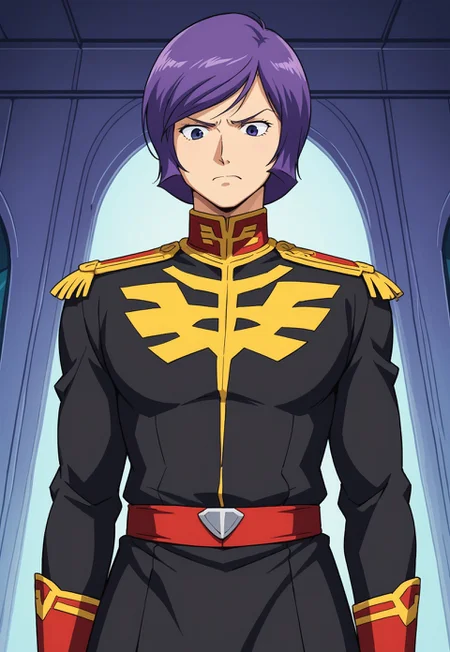 score_9, score_8_up, score_7_up, source_anime, cowboy shot, BREAK, ( garma_zabi, black eyes, violet hair, best eyes, front view, looking down and to the side, zeon uniform, serious expression, ) 1boy, male focus, solo, BREAK, starship bridge,