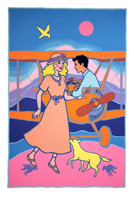 teha1 illustration.
A romantic scene of a couple on a vintage biplane. The woman, in the foreground, is a stylish woman with curly blonde hair adorned with a flower garland and wearing a light, flowing, peach-colored dress with a wide belt, a matching hat, and gloves. The man is piloting the biplane with his hands firmly on the steering wheel. <lora:teha1_cap_d6a3e11:1.0><lora:827674248723094385:0>
