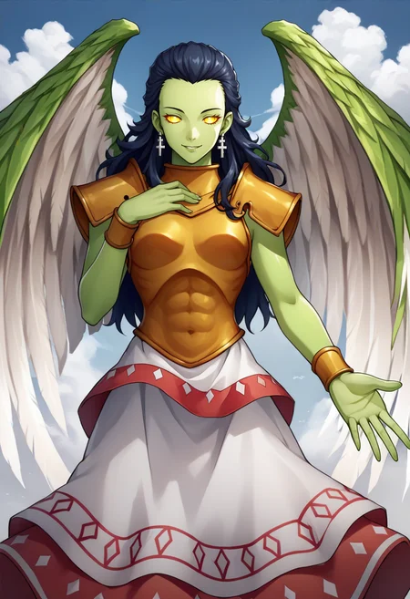 score_9, score_8_up, score_7_up, source_anime, BREAK 1girl, looking at viewer, hand on chest, outstretched hand, smile, <lora:GabrielSMT-pdxl:1> gabySMT, long hair, green skin, yellow eyes, colored sclera, cross earrings, angel wings, armor, breastplate, pauldrons, wristband, dress, sky, cloud, sunbeam