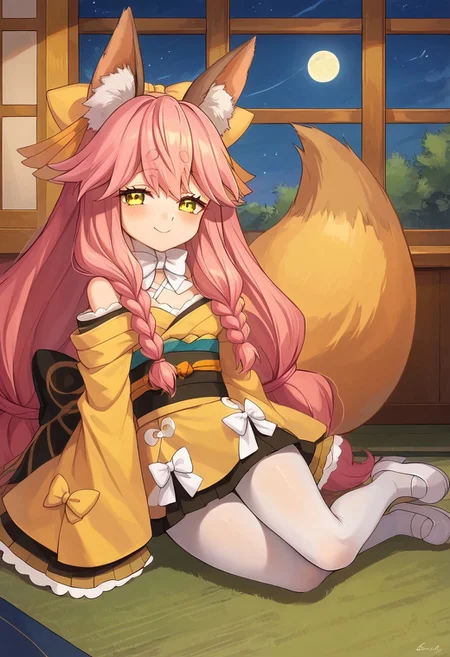score_9, score_8_up, score_7_up, source_anime, prefect lighting, very aesthetic, intricate details, highly detailed background, masterpiece, high quality, prefect hands, best quality, 1girl, (shortstack:0.8), solo, <lora:aria.pony:1>, aria, pink hair, long hair, braid, yellow eyes, animal ear fluff, fox ears, fox tail, yellow hair bow, small breasts, yellow kimono, japanese clothes, long sleeves, sleeves past wrists, wide sleeves, white bow, bare shoulders, white pantyhose, obi, ribbon, white footwear, gentle smile, blush, indoors, house, bedroom, night, night sky, looking at viewer, pov